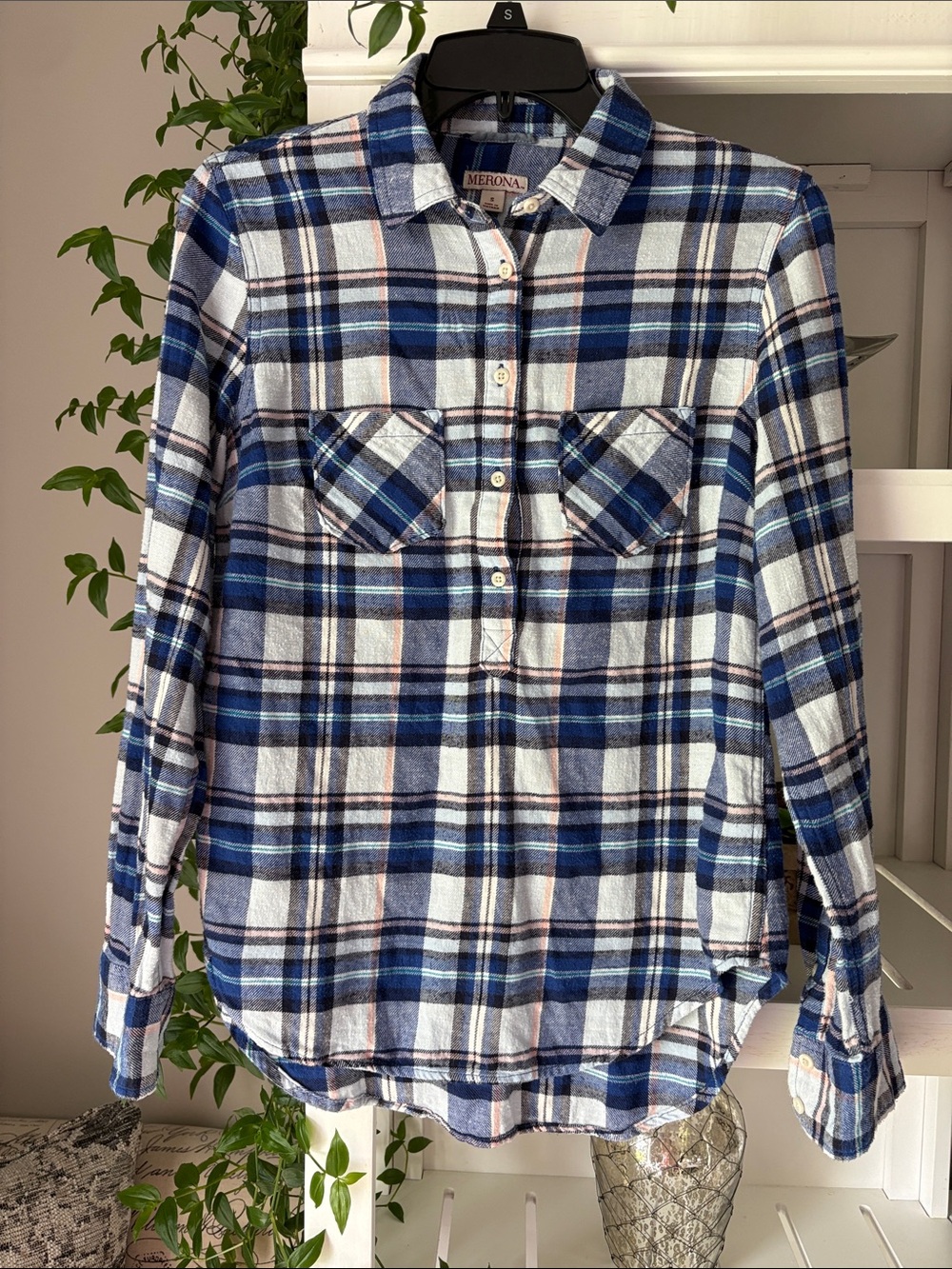 Merona Navy, Light Blue & White Plaid Flannel Shirt